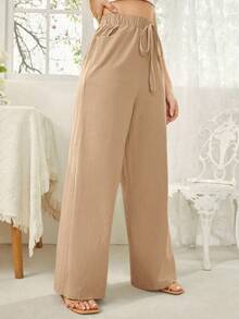SHEIN Essnce Women's Solid Color Tie Waist Casual Loose Pants - Camel - View 3