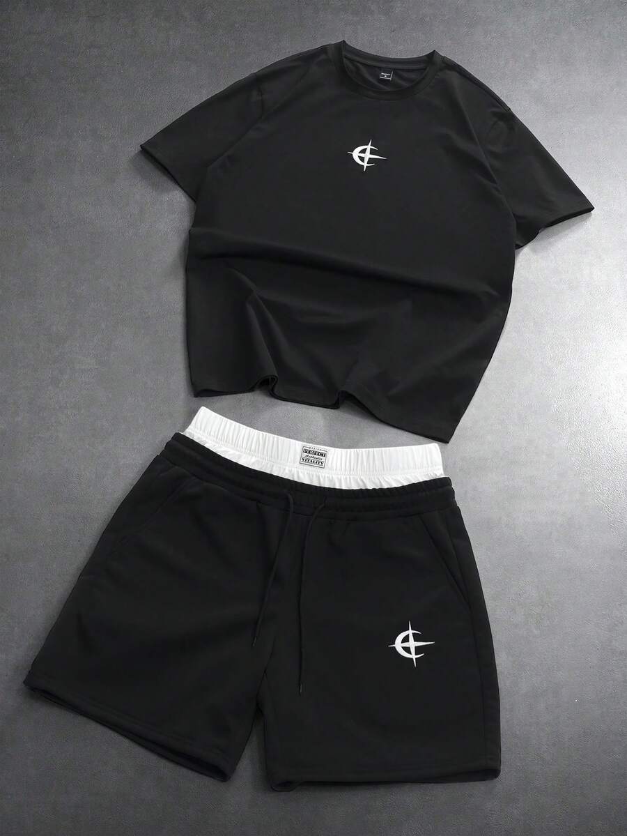 PAVTROS Men's Round Neck Star & Moon Embroidery Pattern Short Sleeve T-Shirt And Shorts Casual Daily Outfit - Black - View 1