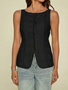 SHEIN PETITE Camisa casual sin mangas de mujer con textura geométrica y abotonadura sencilla, con tela con textura geométrica y microfibra elástica, camisa ajustada de mujer, elegante y de moda para ir al trabajo, top casual de moda simple para todos los días, primavera/verano, top sin mangas, blusas de estilo antiguo, ropa occidental para mujer - Negro - Ver 8