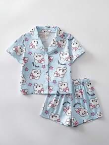 2件套 女童简约舒适独角兽印花开衫短袖上衣和短裤睡衣套装 - 淺藍色 - 查看 3