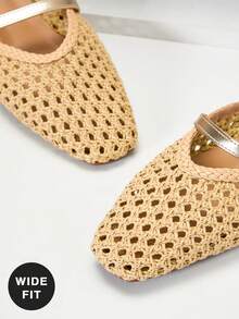 SHUZIA Ladies Wide Fit Elegant Crochet Woven PU Slip-On Mules - Apricot - View 7