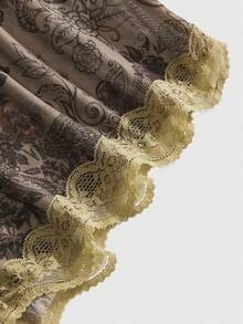 ROMWE 女士复古嬉皮风荷叶边蕾丝佩斯利印花吊带背心不对称下摆长款吊带衫 - 卡其色 - 查看 4