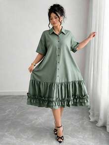 Elenzga Plus Size Shirt Collar Ruffle Hem Casual Vacation Dress - Green - View 7