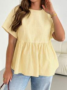 SHEIN Essnce 大码女装春夏时尚宽松休闲舒适日常修身蓝白条纹短袖娃娃衫，工作上衣，女士衬衫，曲线可爱上衣 - 淡黃色 - 查看 6