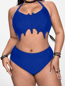 ROMWE Plus Size Gothic Bat Inspired Adjustable Strap Tankini Swimwear 2 Pieces Set - Blue - View 2