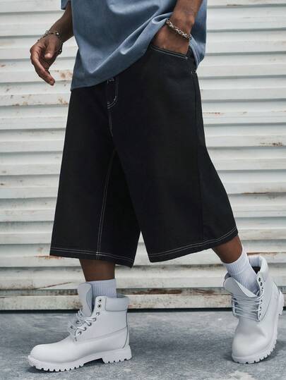 Modcrash Men's Black Embroidered Letter Pioneer Streetwear Relaxed Fit 3/4 Length Denim Shorts , Retro American, Unisex, Relaxed Fit Summer Outfits – Suitable For Everyday Wear And Summer Holiday Outfits.