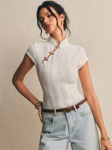 Poéselle 女士立领插肩袖修身时尚夏季T恤 - 杏色 - 查看 8