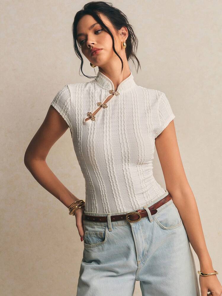 Women's Ribbed Mandarin-Collar Frog-Button Tee – Qipao-Inspired Slim Fit Top Mandarin Collar Top Qipao Style Blouse Frog Button Shirt Ribbed Fitted Tee Asian Inspired Fashion Cheongsam Top Women Modern Oriental Style Mandarin Collar Raglan Sleeve Fitted Fashionable Summer T-Shirt Summer Tops  Festival Outfits For Women Festival Outfits Easter Wedding Y2k Work Outfits For Women Country Concert Outfit Zoey Outfit Zipper Top Clothes For Ladies Cute Tops For Women Ribbed Tops For Women Fitted Top Fo - Apricot - View 1
