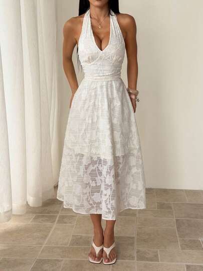 SHEIN PETITE Women's Solid Color V-Neck Halter Waisted Long Dress, Women Summer Clothing,