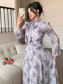 Modelyn 女士紫色系带领褶皱腰身连衣裙，适合春秋季户外穿着 - 紫色 - 查看 8