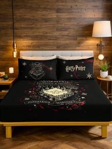 HARRY POTTER X SHEIN Bộ 3 món nệm in kỹ thuật số, mềm mại và ấm áp, thoải mái và thoáng khí, nhiều kích cỡ, phù hợp với giường đơn/giường đôi/giường cỡ Queen/giường cỡ King, có thể giặt máy (1 nệm + 2 vỏ gối) - màu đen - Xem 2