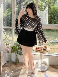 SHEIN EZwear 大码女式休闲波点印花短款套头衫 - 黑與白 - 查看 4