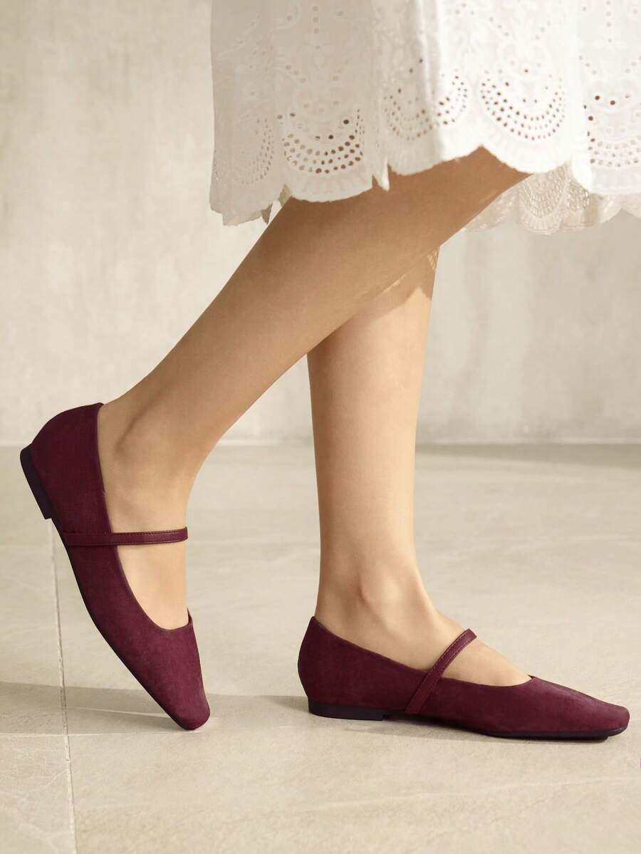 MOTF PREMIUM 万圣节舒适简约方头玛丽珍平底鞋，女士百搭款 - 酒紅色 - 查看 2
