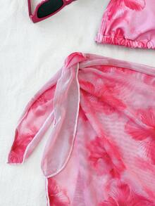 SHEIN 少女碎花比基尼套装，两件套泳衣，适合海滩度假 - 粉色 - 查看 7