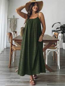 Comfylo 大码女式度假褶皱设计休闲吊带裙，适合节日穿着，也适合沙滩穿着，是度假、夏季、母亲节、夏季等各种场合的理想选择。 - 軍綠色 - 查看 8