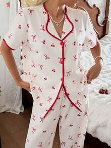 SHEIN Bow & Cherry Print Bubble Crinkle Cardigan Short Sleeve & Pants Women Pajama Set - Red - View 4