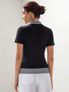 Briarwyn 女士条纹拼接 Polo 领卡通熊印花短袖休闲 T 恤 - 黑色 - 查看 2