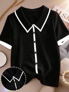 GlowEve CURVE Áo thun nữ cỡ lớn, chất liệu vải dệt kim gân, cổ bẻ, tay ngắn, raglan, dáng rộng, thẳng, thoải mái, đa năng, thích hợp mặc hàng ngày. - màu đen - Xem 9