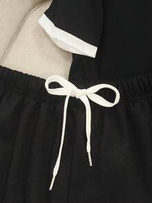Resyla Summer New Contrast Color Short Sleeve Half-Zip Casual 2 Pieces Set Beach Club Black And White - Black - View 3
