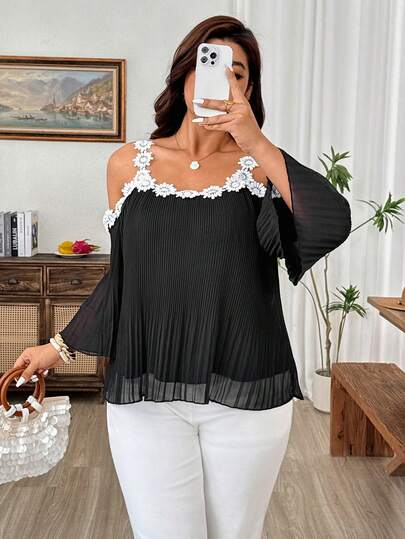 Weeklong Áo kiểu nữ cỡ lớn chất liệu chiffon xếp ly, phối họa tiết hoa, trễ vai, dáng rộng, thanh lịch, lãng mạn, thích hợp cho hẹn hò, du lịch, đi biển, mặc hàng ngày, công sở, mùa hè.