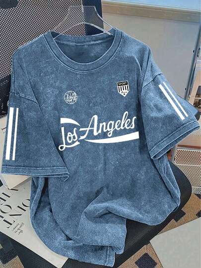 Manfinity Joysei 男女通用复古洛杉矶图案水洗棉T恤