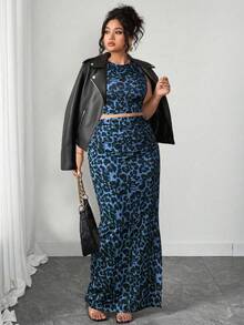 Elenzga 大码女式豹纹吊带背心和迷你裙两件套，性感时尚，适合日常通勤 - 藍色 - 查看 8