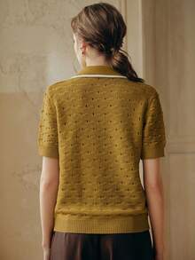 Anewsta French Spring/Summer Elegant Textured Business Casual 3D Crochet Hollow Gold Button Ivory Knit Top - Army Green - View 2