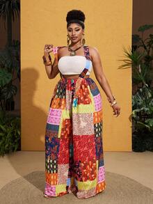 Maweii Mono de talla grande para mujer con estampado retro patchwork - Multicolor - Ver 3