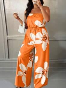 EMERY ROSE Bộ áo liền quần ống rộng cổ yếm in hoa dành cho nữ cỡ lớn - Nhiều màu - Xem 1