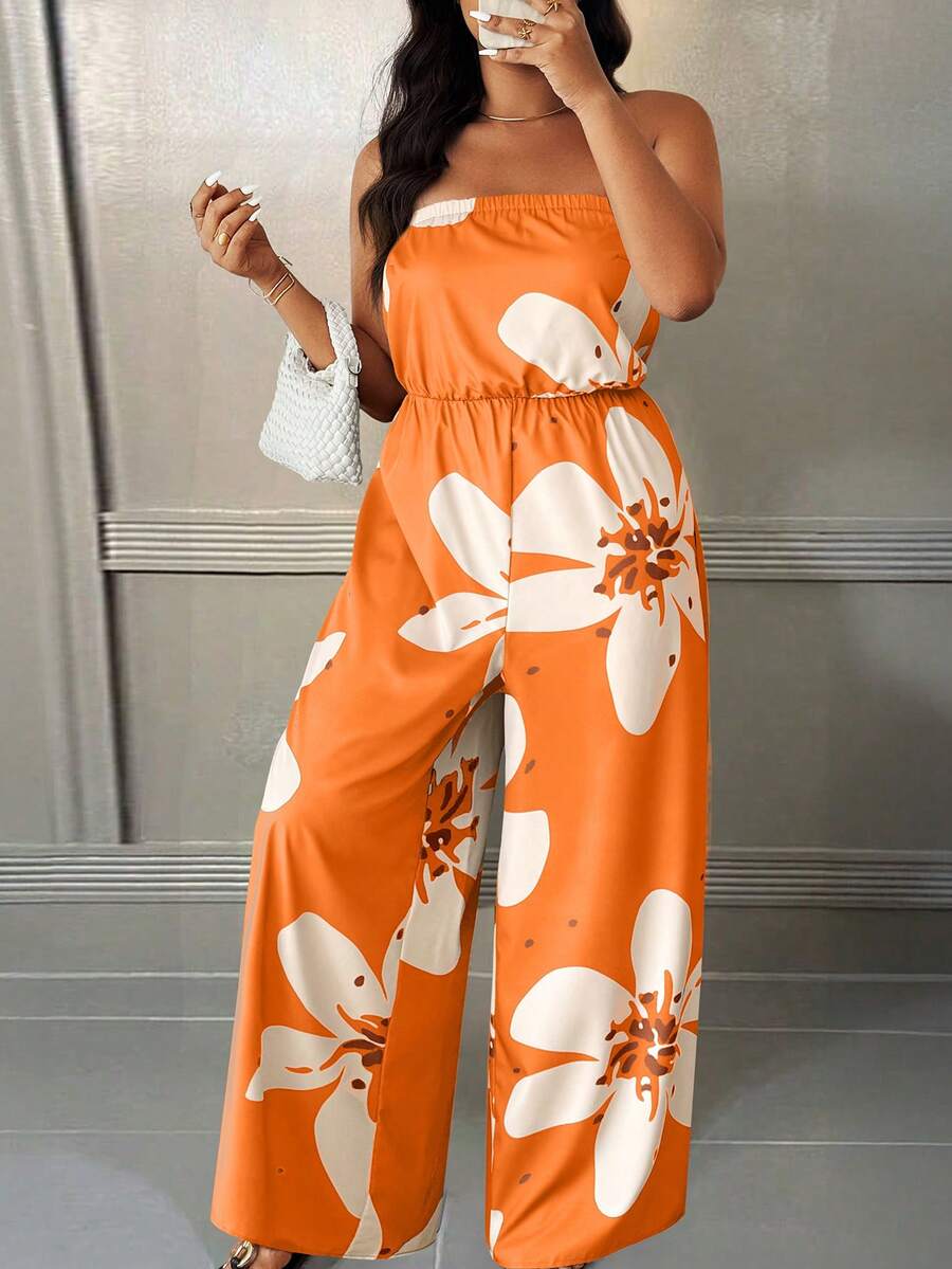 EMERY ROSE Bộ áo liền quần ống rộng cổ yếm in hoa dành cho nữ cỡ lớn - Nhiều màu - Xem 1