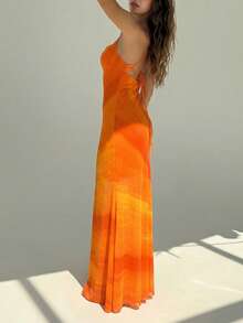 Aloruh 新款度假风彩虹渐变网纱印花浪漫多色露背波西米亚风长裙 - 橘色 - 查看 5