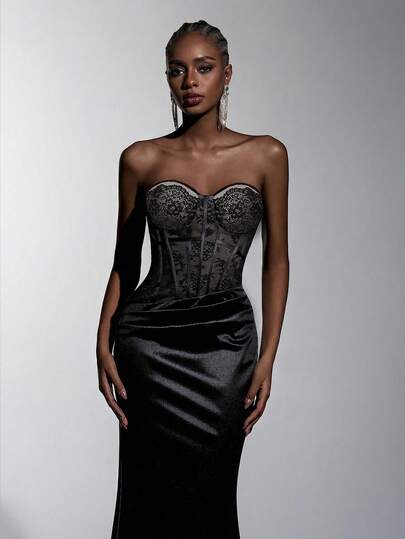 Elitara Elegant Black Lace-Trimmed Stretch Satin Evening Dress,Strapless Bodice,Asymmetrical Waistline,Pleats,Mermaid Silhouette With Train For Wedding Guest