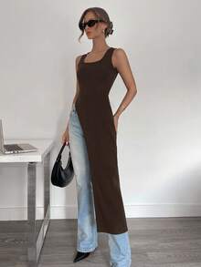 Siren Gaze New Spring/Summer Sleeveless Vest With Extra Long Side Slit, Edgy Dark Style For Women,Summer Top - Brown - View 3
