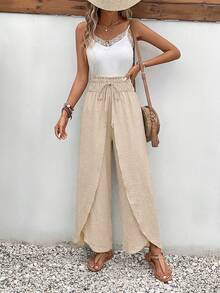 SHEIN Frenchy 全身印花打结腰部郁金香下摆阔腿宽松交叉裤 - 杏色 - 查看 3