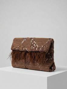 MOTF PREMIUM LADIES ELEGANT FLORAL PATTERN BEAD MATERIAL CLUTCH BAG ENVELOPE BAG WITH ARTIFICIAL FEATHER DECORATION,VALENTINES DAY - Coffee - View 3