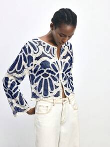 Maija Women's Casual Floral Pattern Button Front Sweater, Spring/Summer - Blue - View 7