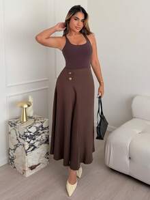 Maria Perezxox 女士优雅通勤A字裙，垂坠修身效果，春秋季 - 咖啡棕 - 查看 3