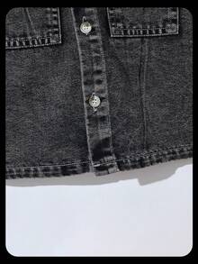 SHEIN Coolqubz 男童牛仔套装，中蓝色复古色，连帽背心搭配宽松工装牛仔短裤，休闲街头风 - 淺灰色 - 查看 3