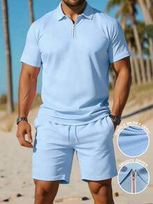 Manfinity Dauomo Plus Size Men's Solid Color Short Sleeve Polo Shirt And Shorts Casual Suit - Baby Blue - View 1