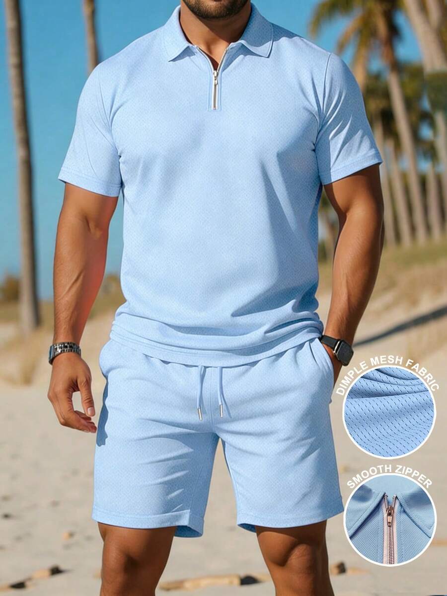 Manfinity Dauomo Plus Size Men's Solid Color Short Sleeve Polo Shirt And Shorts Casual Suit - Baby Blue - View 1