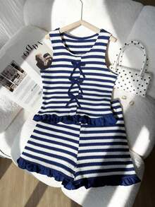 2pcs/Set Striped Bow Tie Sleeveless Crop Top+Ruffle Hem Shorts Set For Teenage Girls,Sweet & Spicy Style,Summer Casual Beach Parties Outfits - Blue and White - View 3