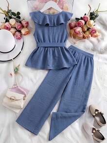 SHEIN Bộ 2 quần dài cổ chữ V thanh lịch cho bé gái, viền bèo nhún, kèm thắt lưng. - Màu xanh lam - Xem 2