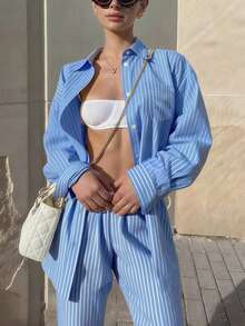 INAWLY 2件套女士休闲条纹纽扣长袖衬衫和裤子套装 - 藍色 - 查看 3
