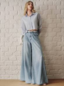 Anewsta Quần ống rộng denim xanh dương thời trang đường phố mới dành cho nữ - Màu xanh lam - Xem 6
