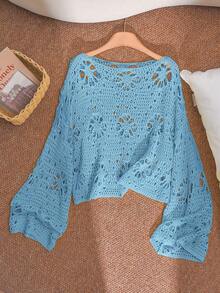 CosyJoli Plus Size Women Solid Color Round Neck Casual Versatile Daily Wear Sweater Fall - Blue - View 3