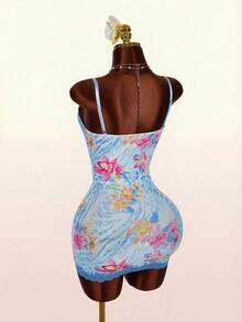 Amplova Lace Cup Detail Tropical Floral Mesh Bodycon Mini Dress Body Fitting Dress Hot Dresses For Women Women's Summer Outfits Body Shaping Dress Y2k Summer Outfits For Women Spring Clothes Women Festival Outfits For Women Easter Dress Women Party Clothing Wedding Guest Clothing For Women Graduation Clothing Casual Clothing For Women Holiday Outfits For Women - Blue - View 8
