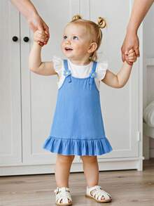 SHEIN Playful Pals Baby Girl Cute Pinafore Dress,Blue And White Stripe Autumn 2 In 1 Dress With Ruffle T-Shirt,3D Floral Fresh Style For Family Matching Outings - Baby Blue - View 1