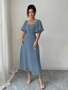 Modelyn Đầm mùa hè kiểu Pháp dành cho nữ, màu vàng bơ trơn, chất liệu chiffon, thiết kế tay bồng. - Xám Xanh - Xem 6