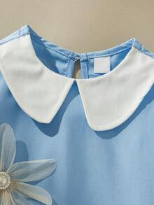 2026春夏新款少女优雅蕾丝领3D立体花朵装饰荷叶边花瓣袖连衣裙 - 藍色 - 查看 5