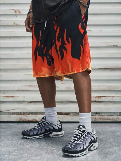Modcrash 男士时尚3D印花沙滩短裤，男士休闲抽绳沙滩短裤，亮红色火焰3D印花涤纶面料，可机洗，夏季休闲穿着的理想之选